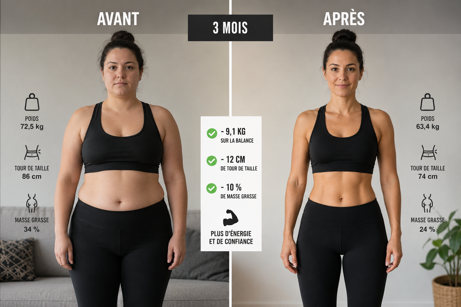 Découvrez les résultats réels d'un programme de 3 mois de sport avant/après femme. 🎯 Musclez votre silhouette et boostez votre métabolisme dès maintenant !