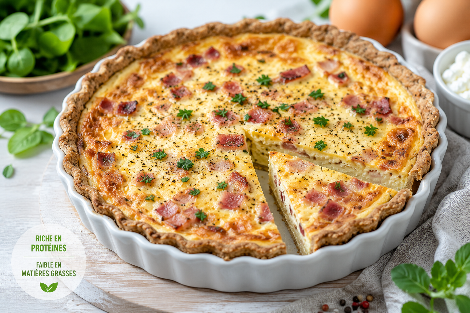 Découvrez notre recette quiche lorraine healthy ! 🥧 Savourez ce classique à 205 kcal avec une pâte légère au fromage blanc et du bacon grillé.