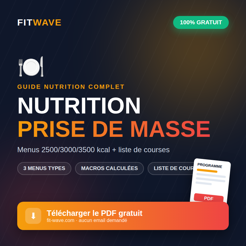 Programme nutrition prise de masse PDF gratuit FitWave — menus 2500 3000 3500 kcal et liste de courses