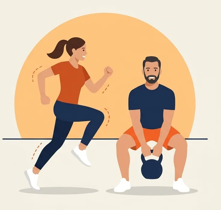 Une femme court et un homme s'entraîne avec un kettlebell