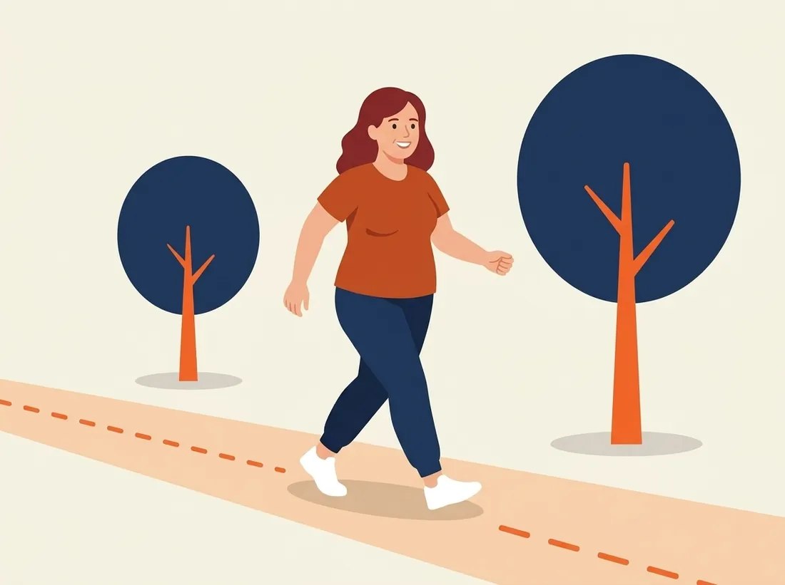 Une femme marche d'un bon pas dans un parc